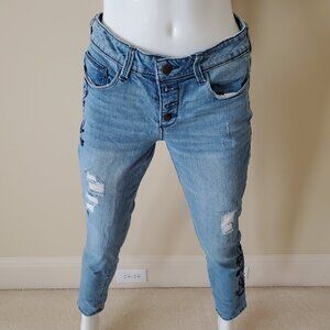 Black Daisy Graphic Print Relaxed Skinny Ripped Jeans SZ 7/28
